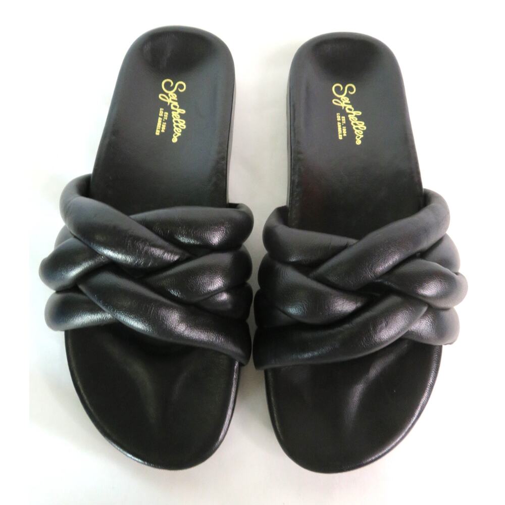 New SEYCHELLES Black Low Key Glow Up Black Leather Sandals Slides Women's 7